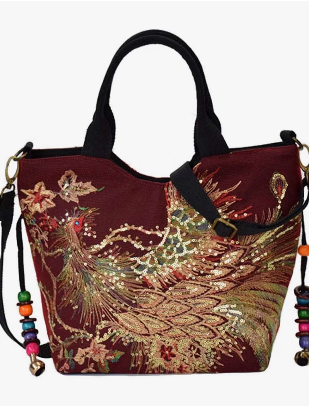 Embroidered Maroon Phoenix Tote Bag